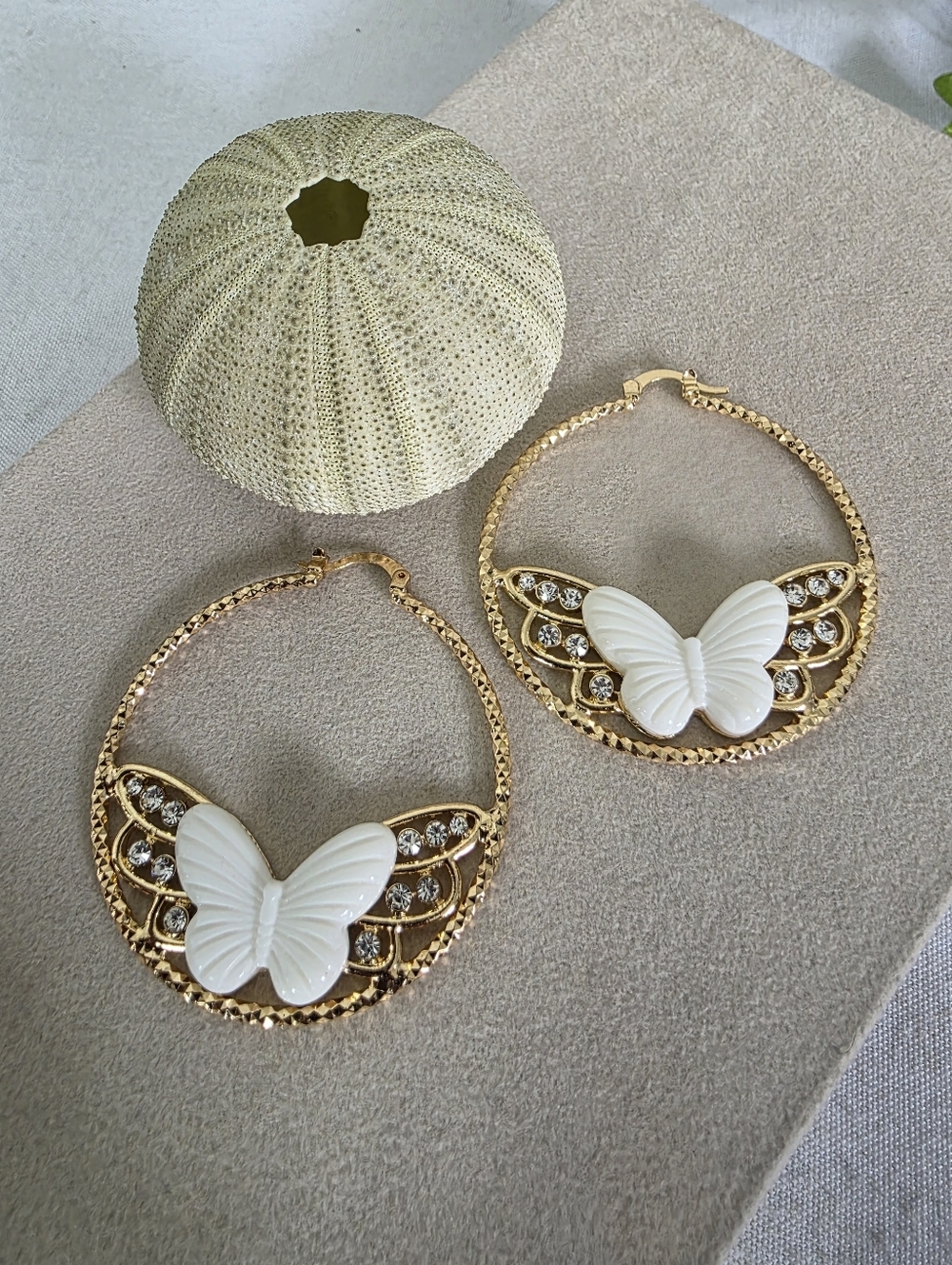 Gold Filled Hoop Earrings with White Butterfly  2"